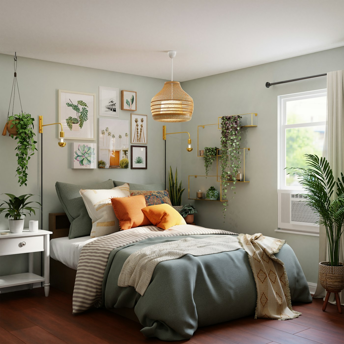 A restful bedroom with plants, comfortable furnishings and natural daylight